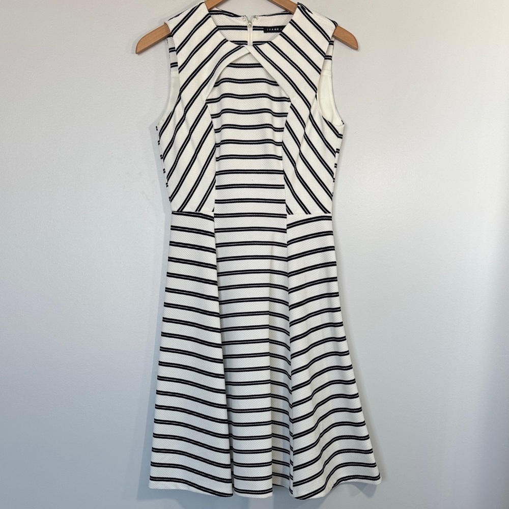 Ivanka Trump Black and White Striped A-line Midi Dress Size 4